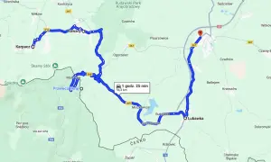 Mapa z zaznaczoną trasą motocyklową przez Karpacz, Kowary, Przełęcz Okraj do Lubawki.