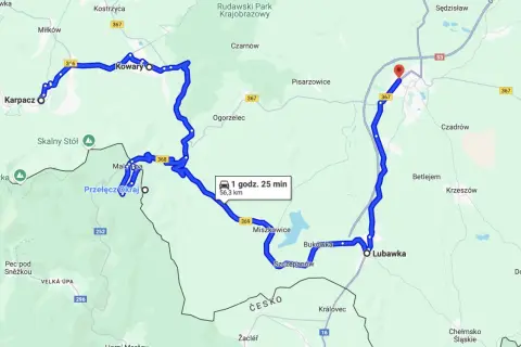 Mapa z zaznaczoną trasą motocyklową przez Karpacz, Kowary, Przełęcz Okraj do Lubawki.