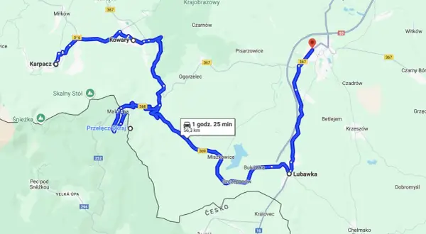 Mapa z zaznaczoną trasą motocyklową przez Karpacz, Kowary, Przełęcz Okraj do Lubawki.